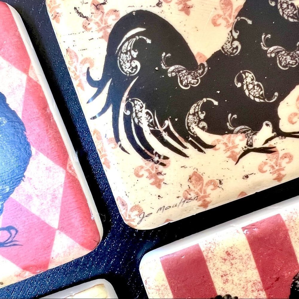 Vintage Retro Farmhouse Jo Moulton Rooster Farm Country Coaster Set Of 4 - Picture 7 of 11